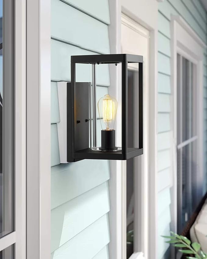 Beionxii Dusk to Dawn Outdoor Wall Lights Modern Exterior Wall Sconces Porch Lantern Black Cast Aluminum w/Clear Cylinder Glass - A291W-2PK