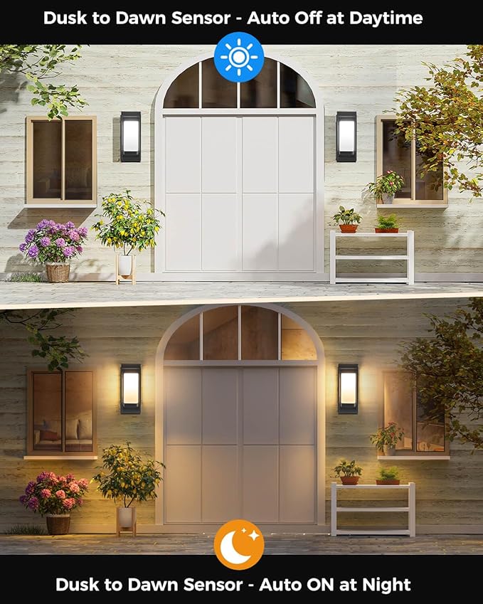 SHIMR Outdoor Wall Light with Dusk to Dawn Sensor Black Outdoor Light Fixture with LED Bulb Included E26 Base Waterproof Exterior Sconce for Porch Garage Front Door
