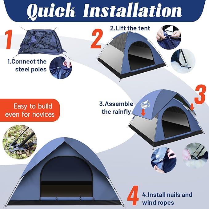 Tents for Camping 2-3 Person Tent – Camping Tent with Rainfly Waterproof 2500MM Easy Setup in 5 Mins Ourtdoor Dome Tents Lightweight Backpacking Tent for Couples Small Families Festivals Backyard