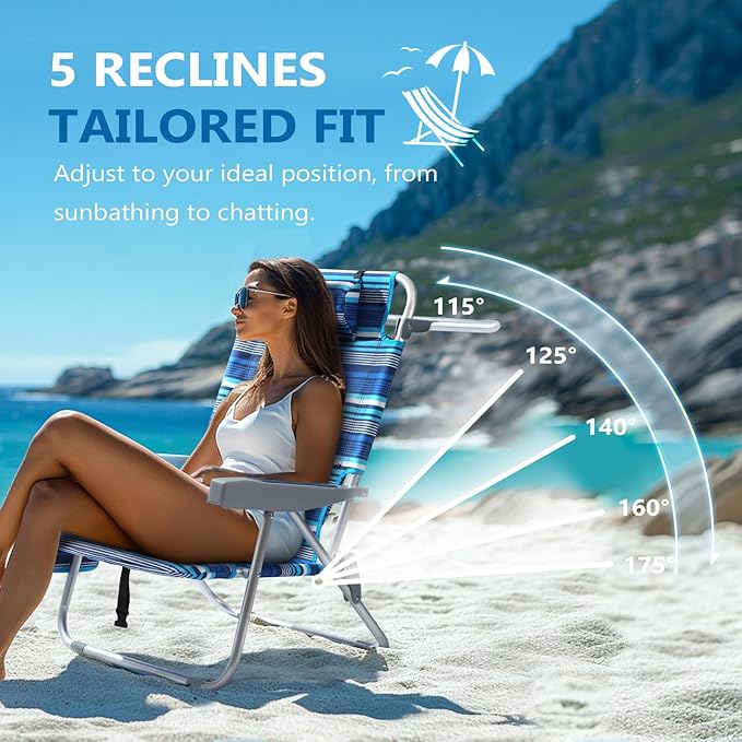 PASAMIC Backpack Beach Chair for Adults Portable Lay Flat Reclining Beach Chair with 5 Positions Tall Heavy Duty Folding Chairs with Cup Holder Cooler Pouch Storage Pouch Towel Bar Blue Stripe