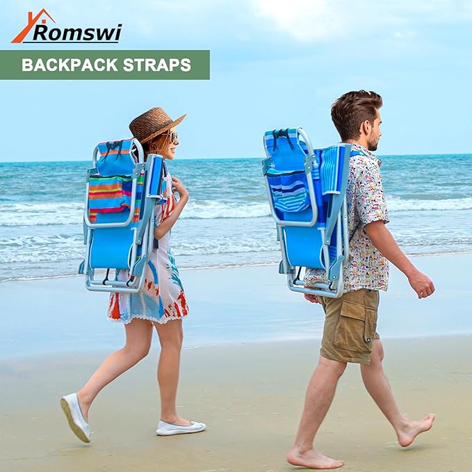 2Pk Aluminum 5-Position Lay Flat Folding Backpack Beach Chairs for Adults with Cooler Bag Cup&ampPhone Holder Towel Bar for Outdoor Lawn Picnic Sport Portable Foldable Camping Chairs Multi Stripe