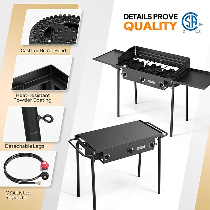 ROVSUN 3 Burner Gas Stove with 2 Side Shelves 225000BTU Portable Propane Stove with Removable Leg Wind Panel Regulator for Camping Home Backyard Outdoor Cooking Brewing Canning Turkey Frying