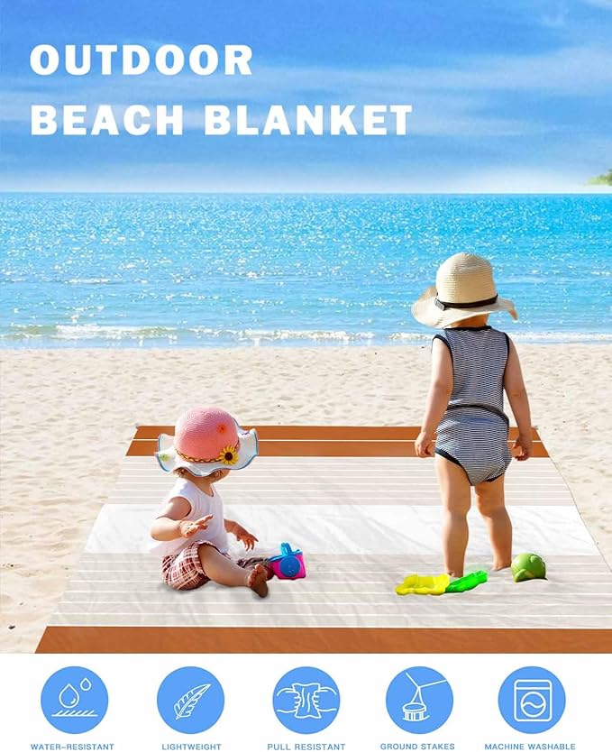 Beach Blanket Waterproof Sandproof Picnic Blanket 83x79 Foldable Beach Mat with Striped Gradient Simple Caramel Pattern for Camping Park Grass Beach Travel