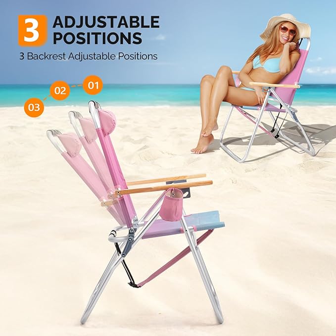 VINGLI Aluminum Backpack Beach Chair – Tall Beach Chairs for Adults Portable with Adjustable Straps 3-Position Reclining Cup Holder High Lightweight Beach Chairs for Beach (Pink 17 High)