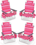 2-Pack Folding Beach Chairs Outdoor Patio Lawn Lounger with 5 Adjustable Position Cooler Pouch Headrest &amp Accessories Portable Camping Chairs for Outdoor Relaxation (2 Pink Stripe)