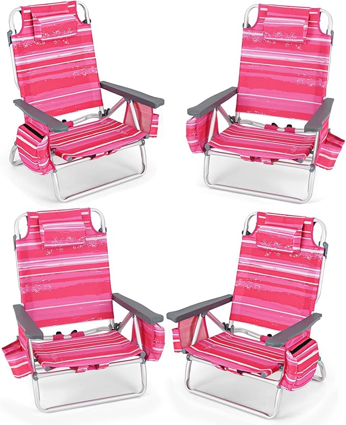 2-Pack Folding Beach Chairs Outdoor Patio Lawn Lounger with 5 Adjustable Position Cooler Pouch Headrest &amp Accessories Portable Camping Chairs for Outdoor Relaxation (2 Pink Stripe)