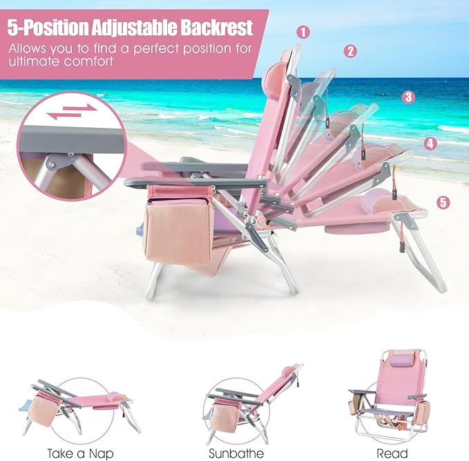 Tangkula Backpack Beach Chair with Table 5-Position Lay Flat Chairs with Cooler Bag 2 Cup Holders Towel Bar Lightweight Low Folding Chair with Backpack Straps Pink