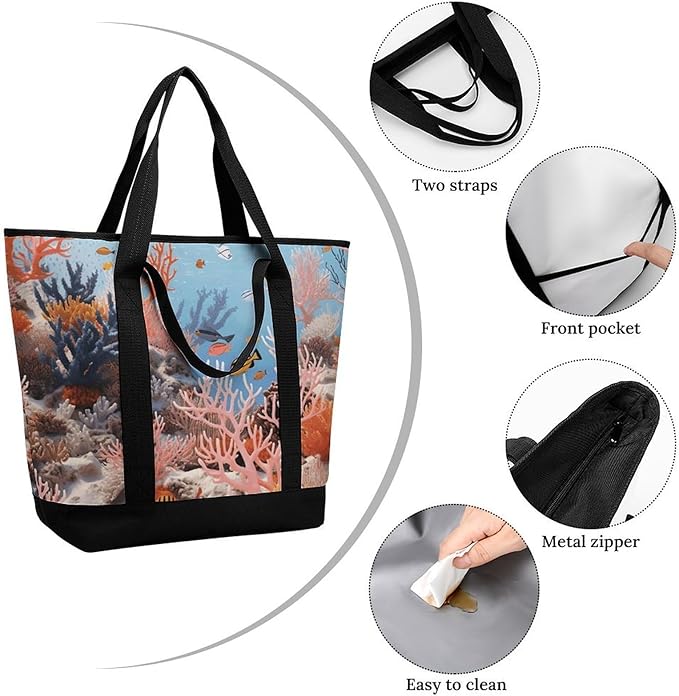 Insulated Shopping BagLarge Reusable Cooler Bags Coral Reef Printed Foldable Shopping BagTravel Waterproof Shoulder Bag
