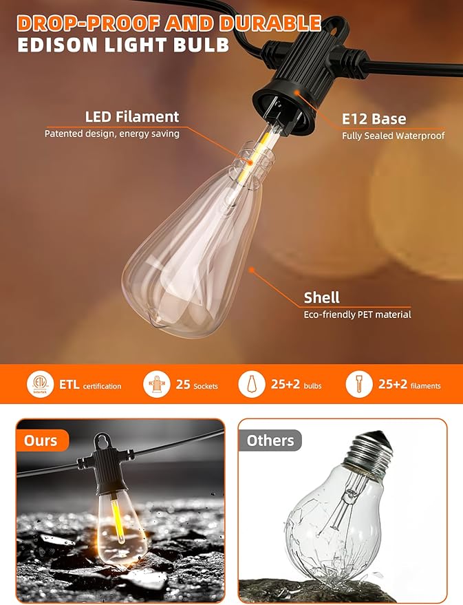 Kawaya Solar Powered String Lights: 50 FT LED Outdoor Patio Hanging Lights with 25+2 Edison Bulbs - USB-Charging - IP65 Waterproof