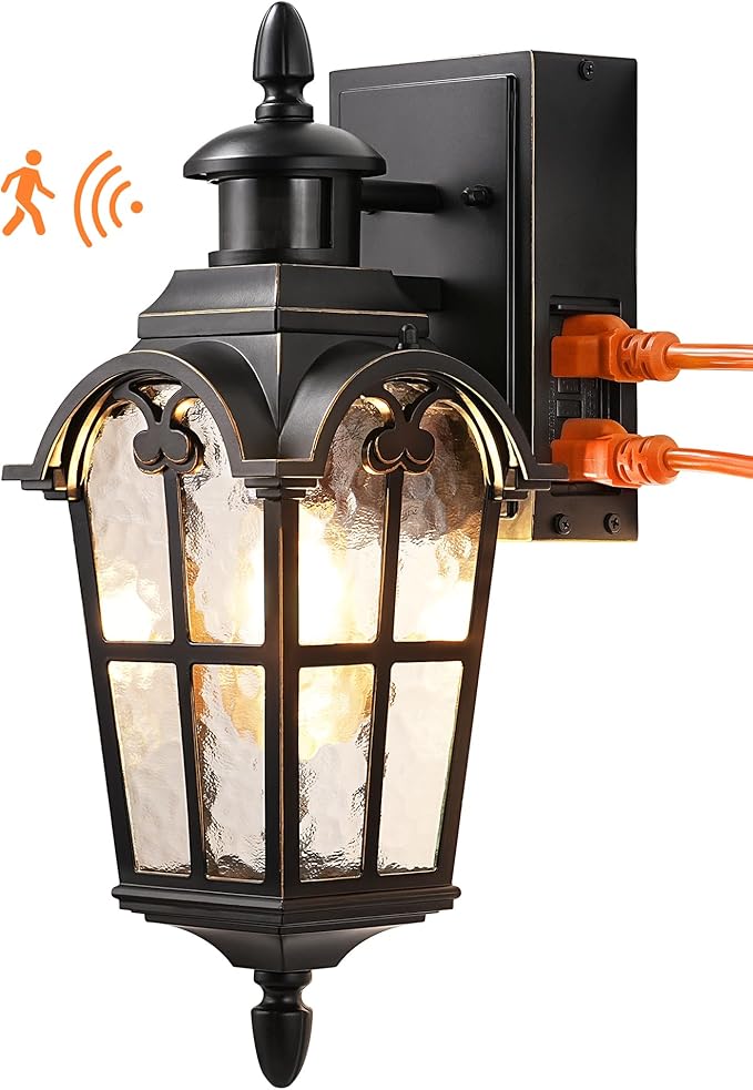 EDISHINE Motion Sensor Outdoor Lights Porch Light with GFCI Outlet Exterior Lighting Fixtures Dusk to Dawn Outside Wall Sconce with Water Ripple Glass Wall Mount Lantern Lamp for House Garage