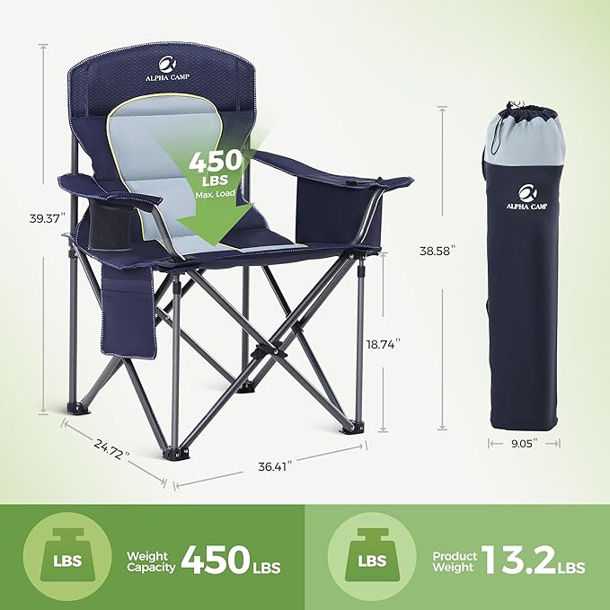 LET'S CAMP Oversized Folding Camping Chair Portable Outdoor Heavy Duty Padded Chairs Lawn Chair with Cup Holder Storage Pocket and Cooler Bag Supports 450LBS for Camp Travel Picnic2 Pack(Blue)