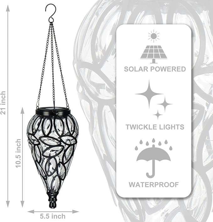 LEWIS&ampWAYNE Solar Hanging Lantern Outdoor Lights Tear-Shaped 15 LEDs Cool White Hanging Lights with S Hooks Decor in Garden Yard Pathway Front Door and Landscape
