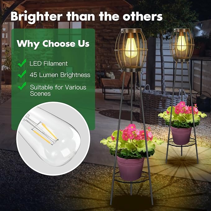 2 Pack Solar Lights Outdoor with Plant Stands Solar Floor Lamp Solar Powered Street Light Metal Tripod Deck Lights Patio Decor for Garden Yard Pathway Driveway Porch