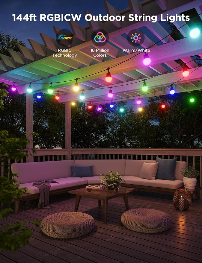 Govee Smart Outdoor String Lights 2 144ft Outdoor Lights with Dimmable Warm White LED Bulbs 47 Scene Modes for Patio Backyard Balcony IP65 Waterproof Works with Alexa App Control