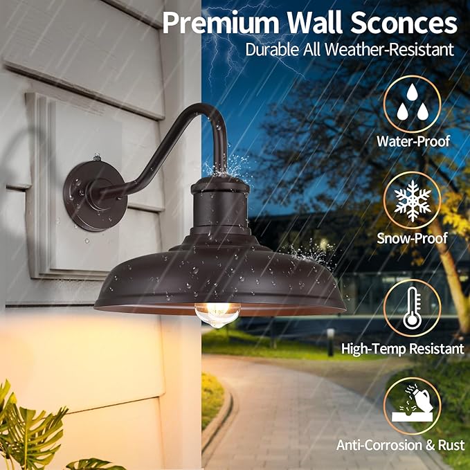 13.8'' Large Dusk to Dawn Outdoor Gooseneck Barn Light 2-Pack Outdoor Wall Sconce Farmhouse Exterior Light Wall Lighting Fixture Industrial Lantern for Porch Entryway Garage Brown