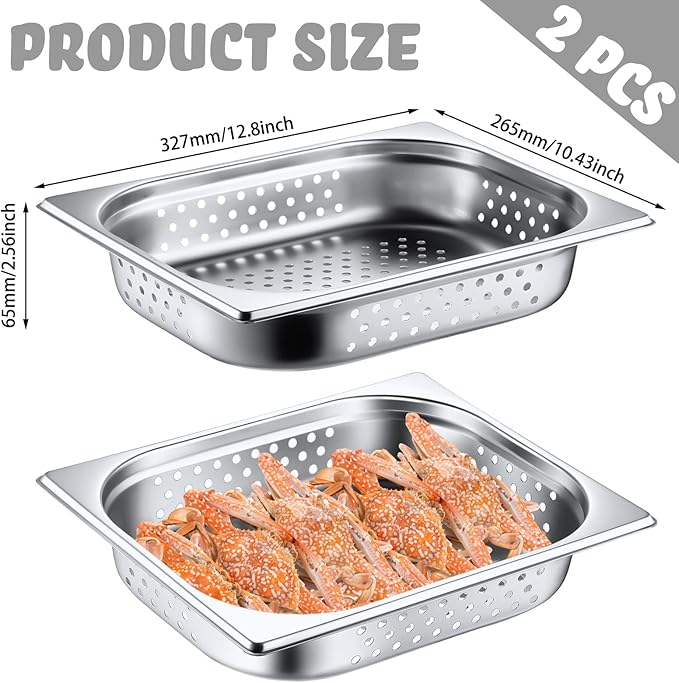 Lounsweer 2 Pack Half Size Hotel Pans Perforated Steam Table Pan Stainless Steel Half Steam Pan Commercial Catering Food Pan for Kitchen Restaurant Serving Supplies(12.8'' x 2.56'' x 10.43'')