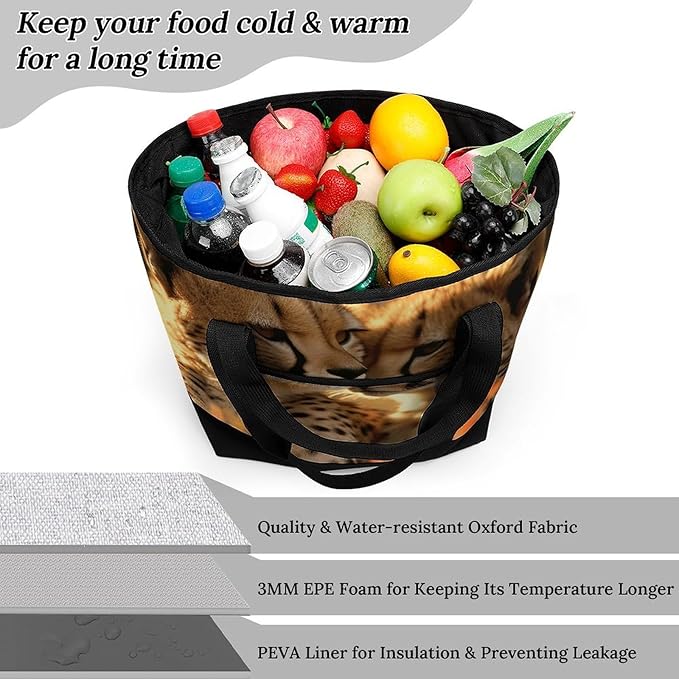 Insulated Shopping BagLarge Reusable Cooler Bags Cheetah Love Printed Foldable Shopping BagTravel Waterproof Shoulder Bag