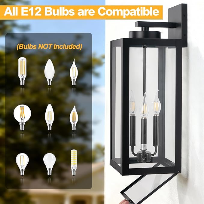 24 Extra Large Fully Enclosed Outdoor Light Fixture 3-Light Black Outdoor Porch Lantern Wall Mounted Waterproof Modern Outside Wall Sconce Coach Lamp for House E12 2 Packs