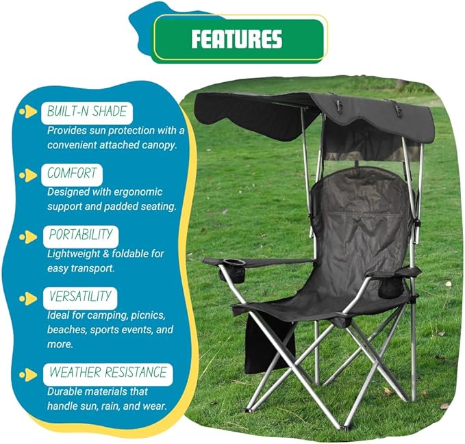 EZONE Folding Canopy Camp Chair for Outdoors Shade Canopy Portable Chair Camping Tailgates Beach Pool Lawn Chair Sunshade Travel Chair Folding Camping Chair (Black)