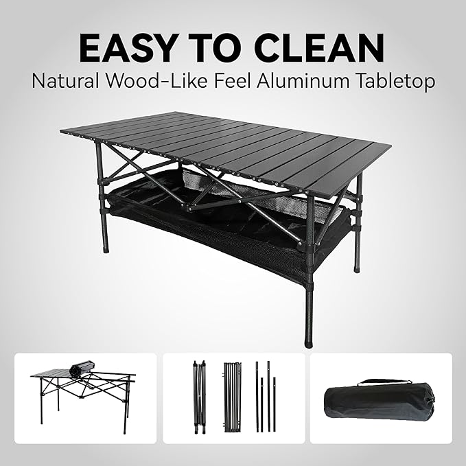 Folding Camping Table Portable Aluminum Picnic Table with Carry Bag Adjustable Height Outdoor BBQ Tailgate Table Lightweight Roll-Up Beach Table