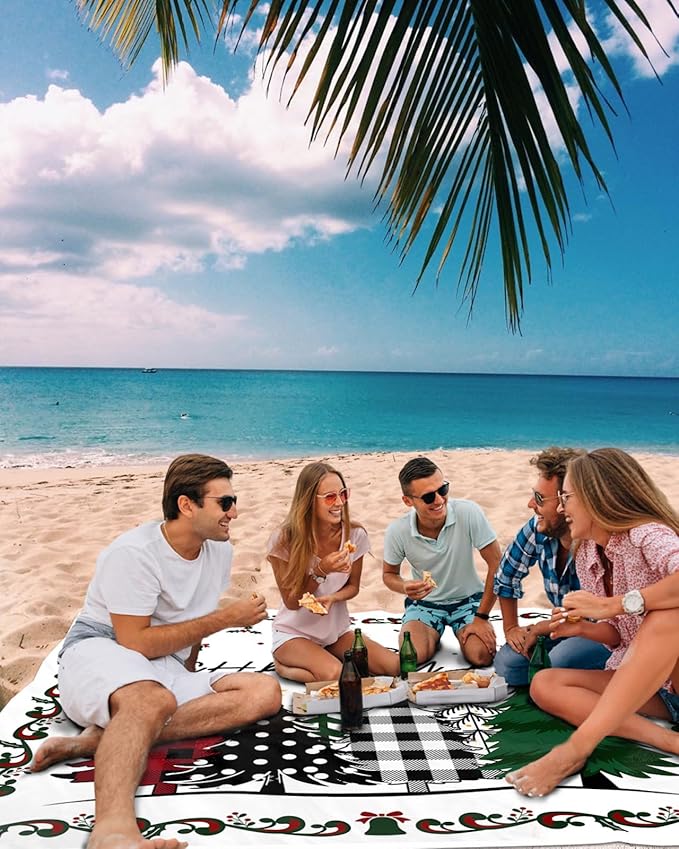 Beach Blanket Waterproof Sandproof OversizedMerry Christmas Xmas Tree Beach Mat with Corner Stakes Sand PocketsWinter Snowflakes Holly Berries on White Outdoor Picnic Mat for Travel 95x80In