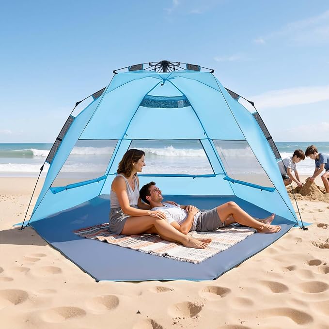 VEVOR Beach Tent Sun Shelter for 4 Person Pop Up Beach Tent UPF 50+ Portable Sun Shade Beach with Carrying Bag and Sand Pockets Easy Setup Umbrella for Camping Fishing Outdoor Picnic