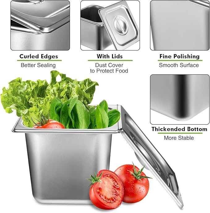 6 Pack Stainless Steel Hotel Pans with Lid 1/6 Size x 6 Deep Steam Table PAN 0.8 mm Thick Commercial Food Storage Containers Anti Jam Pan Stainless Steel Steamer Pan for Hotel Restaurant Buffet