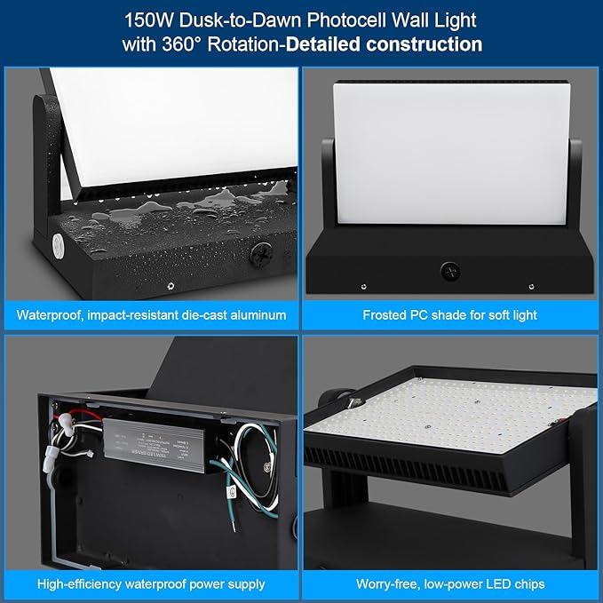 ledmo 150W LED Wall Pack Light Outdoor Dusk to Dawn LED Wall Pack Light Freely DIY Rotatable Modern 5000K Waterproof Black Security Floodlight Fixture for Shop House Area Barn4 Pack