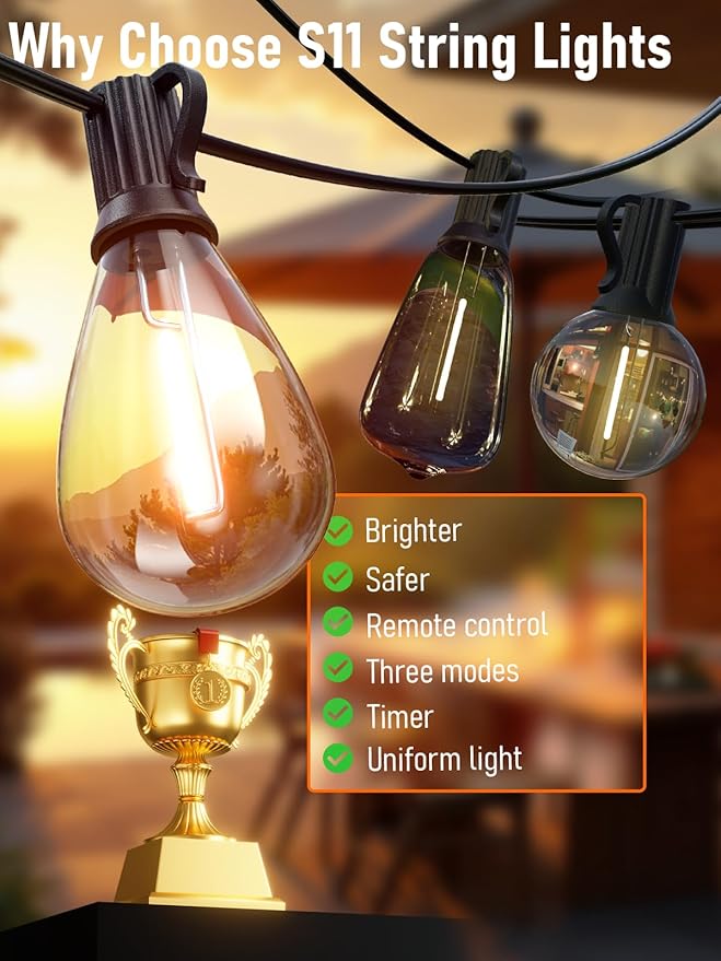 luckystyle 50FT LED Outdoor String Lights with Remote16+1 Shatterproof Bulbs Waterproof and Dimmable Patio Lights for Porch Garden Backyard Deck Balcony 2200K Hanging Lighting