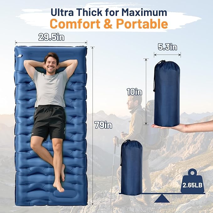 KASBAH Camping Sleeping PadExtra Wide 6 inch Thick Inflatable Sleeping Pads with Built-in Foot Pump and PillowUltralight Camping Mat Gear for Outdoor HikingCamping