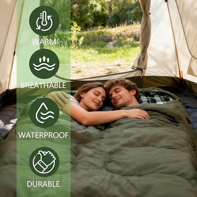 0 Degree Double Sleeping Bag for Adults Queen Size 2 Person Sleeping Bag for Cold Weather with Compression Sack for Car Camping Hunting and Tent Camp