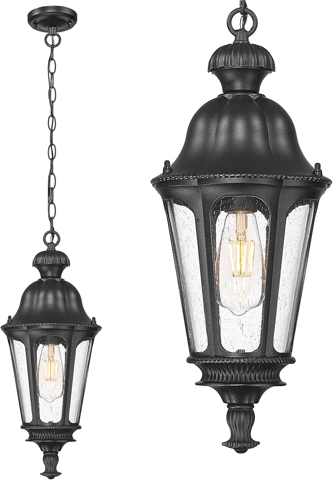 Outdoor Pendant Lights for Porch HWH 20'' Large Outdoor Chandelier for Gazebo with Seeded Glass Exterior Hanging Lantern Light Fixtures Matte Black Finish 5HW90H-M BK