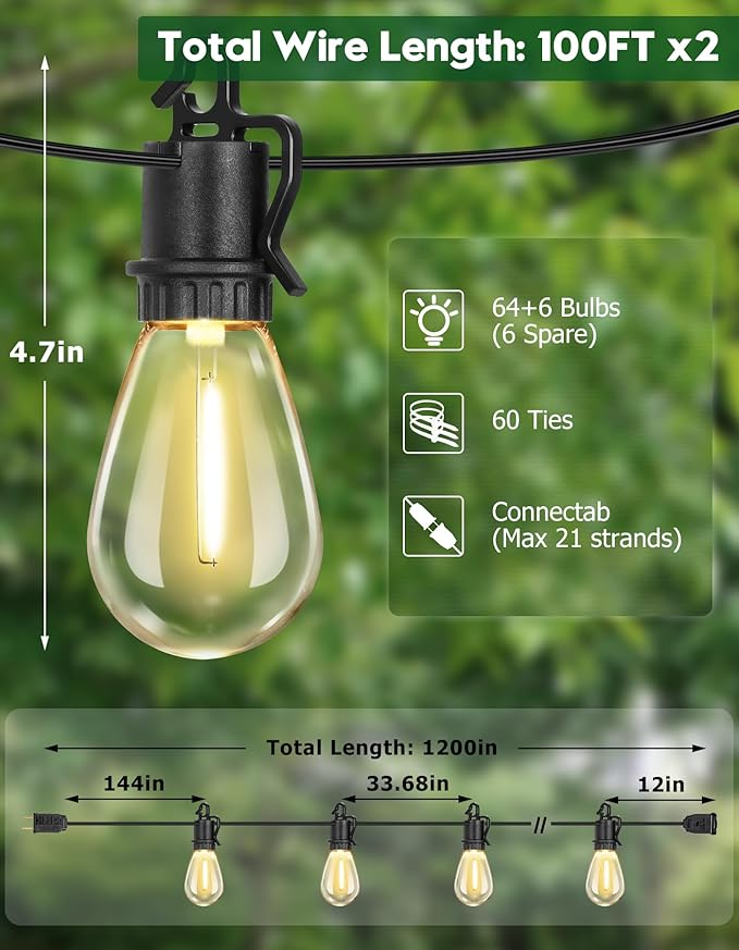 200FT Outdoor String Lights with 70 Shatterproof S14 Vintage Edison Bulbs E12 Sockets2700K Dimmable Outdoor LightsIP55 Waterproof LED String Lights for Outside Patio Garden BackyardBistro