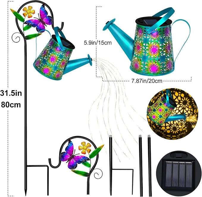 Solar Watering Can with Lights Waterproof Solar Lantern with Butterfly Shepherd Hook Hanging Garden Lights for Patio Yard Lawn Porch Outdoor Decoration 2 Pack