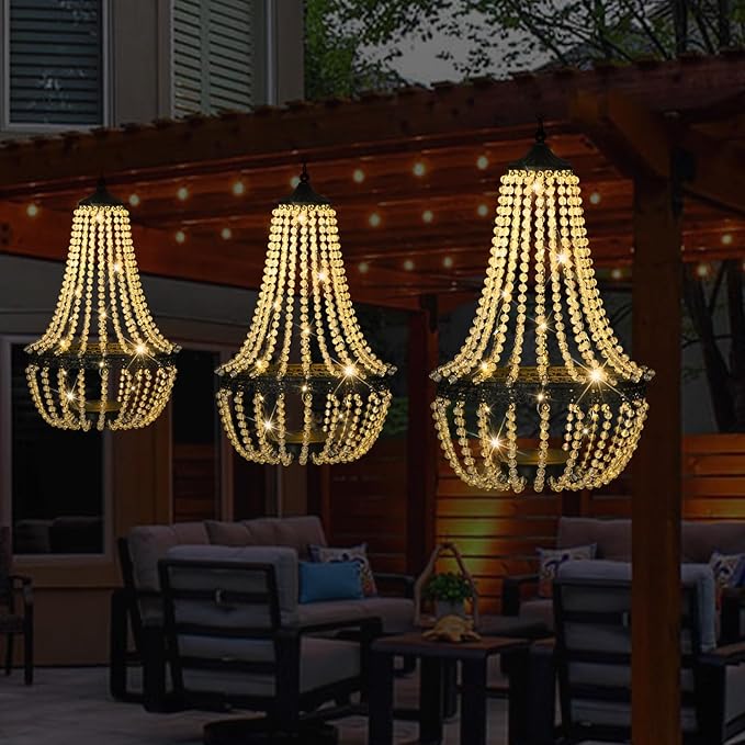 Hanging Solar Lantern Outdoor 28” Modern Clear Crystal Acrylic Chandelier with 30 Warm White Lights S Hook for Garden Yard Patio Gazebo Decorations
