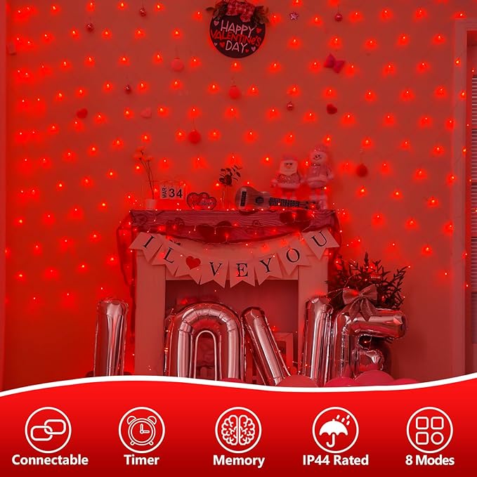 YEGUO Net Lights Outdoor Mesh Lights 12ft x 5ft 360 LED Red Valentine‘s Day Light Outdoor Waterproof 8 Modes Connectable Clear Wire Christmas Bush Light Plug in