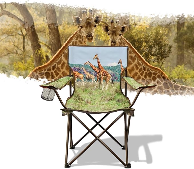 2 Pcs Animal Pattern Camping ChairFolding Backpacking Lightweight Beach Chair w/Cup HolderMesh Side PocketCarry BagPortable Lawn Chair for Adults Family Outdoor PartiesHikingGiraffes