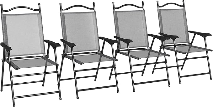 Outsunny Folding Patio Chairs Set of 4 Sports Chairs for Adults Camping Chairs with Armrests Breathable Mesh Fabric Seat for Lawn Gray
