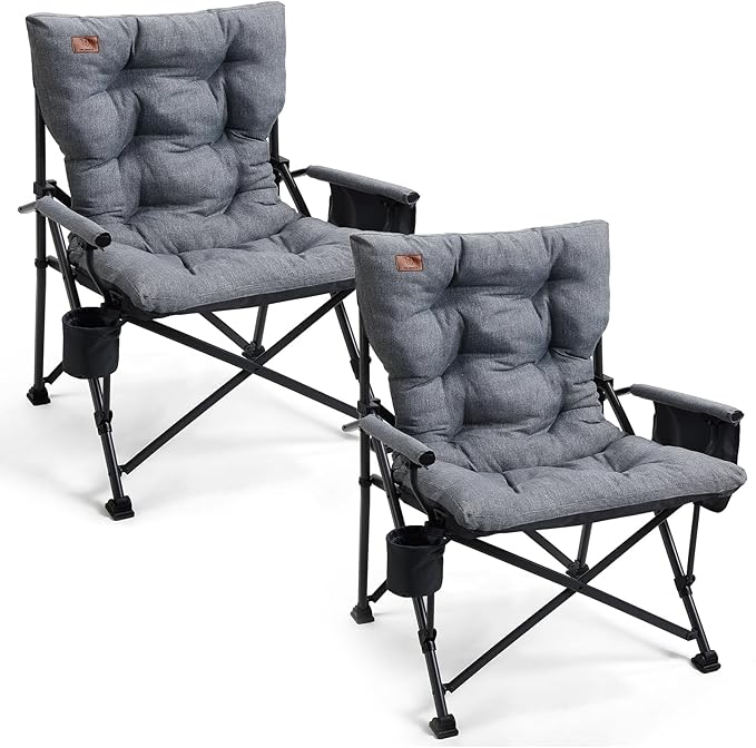 EVER ADVANCED Padded Oversized Folding Camping Chair for Adults Heavy Duty Lawn Chair with Side Pockets Portable Collapsible Quad Chair for Outside Support Up to 500lbs Grey 2Pack