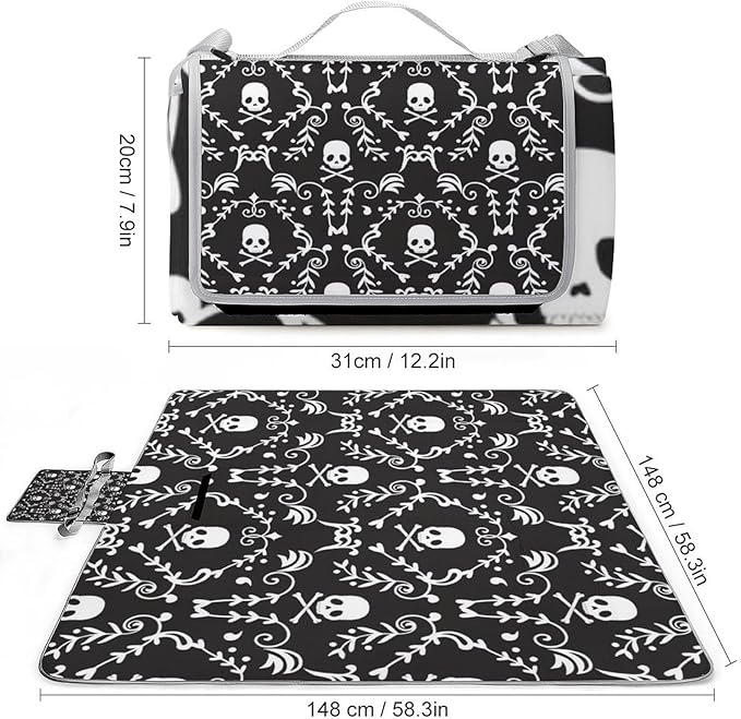 Gothic Skulls Damask Style Black White Waterproof Outdoor Picnic Blanket Sandproof Beach Mat for Camping Hiking Grass Travelling