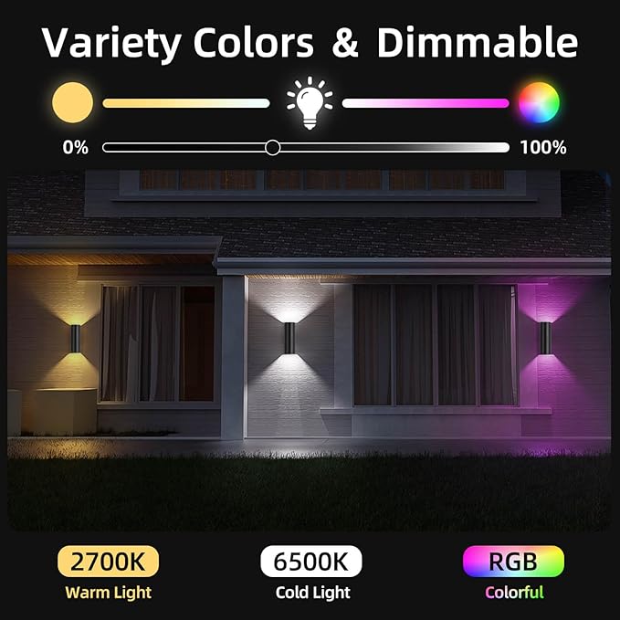 SHIMR Modern Outdoor Wall Lights Color Changing RGBCW Smart Outdoor Lights Ambiance Sconce with Remote Control Black Aluminum Exterior Lighting Fixtures Up and Down Lights [ETL Listed]