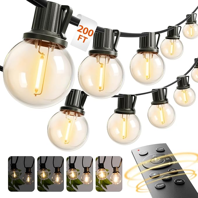 addlon Outdoor String Lights 200FT G40 with Remote 108 LED Shatterproof Bulbs Dimmable Patio Globe Lights Waterproof Hanging Outside Lighting for Backyard Garden Deck Balcony Porch Café Decor