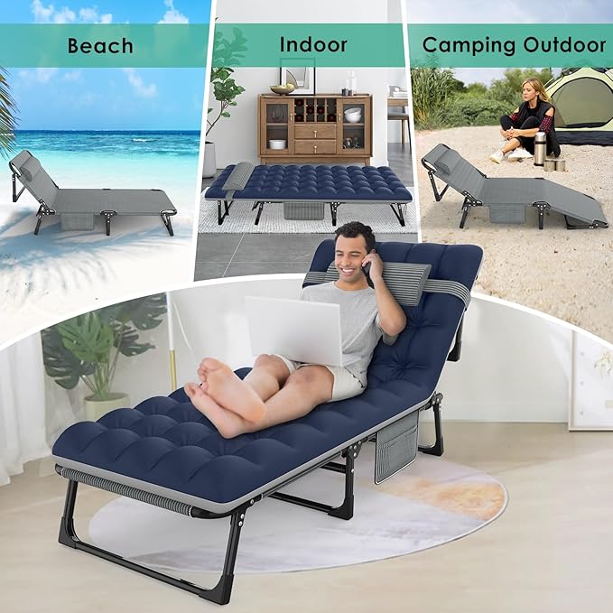 Suteck Folding Camping Cot Adjustable 5+2 Positions Reclining Portable Outdoor Cot Heavy Duty Sleeping Bed Cots w/Pillow Mat Carry Bag Chaise Lounge Chair for Home Office Nap Beach Pool Patio Travel