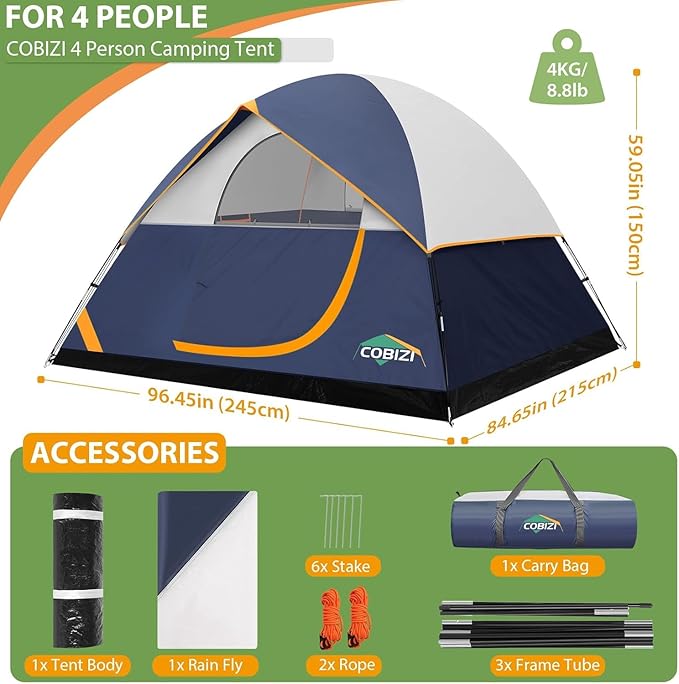 COBIZI Tents for Camping 4 Person Camping Tent with Rainfly and Screen Easy Setup Lightweight Portable Waterproof Outdoor Tent with Carry Bag for Backpacking Hiking Family Travel Dark Blue