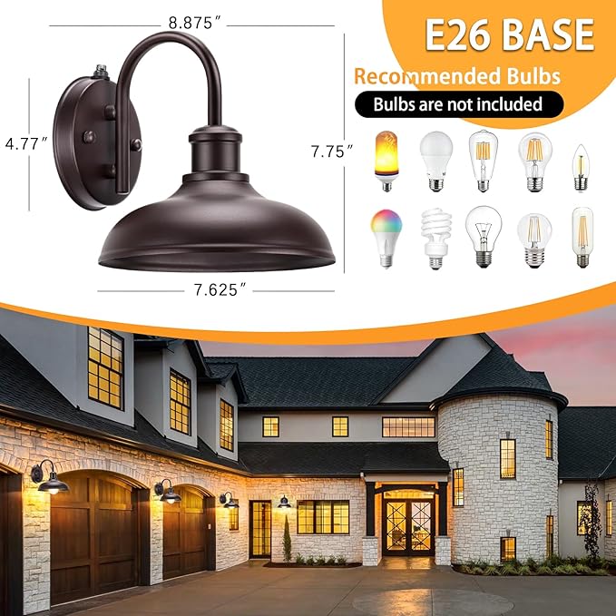 2-Pack Dusk to Dawn Gooseneck Outdoor Light Fixtures Farmhouse Barn Lights for Porch Industrial Brown Exterior Wall Sconce for Garage Patio E26 Base Anti-Rust for Garage Frontdoor Entryway Doorway