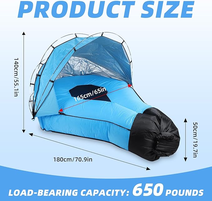 Portable Inflatable Sofa Tent Inflatable Lounger Air Couch with Sun-Shade Waterproof Inflatable Bed for Yard Outdoor Camping Hiking (Blue)