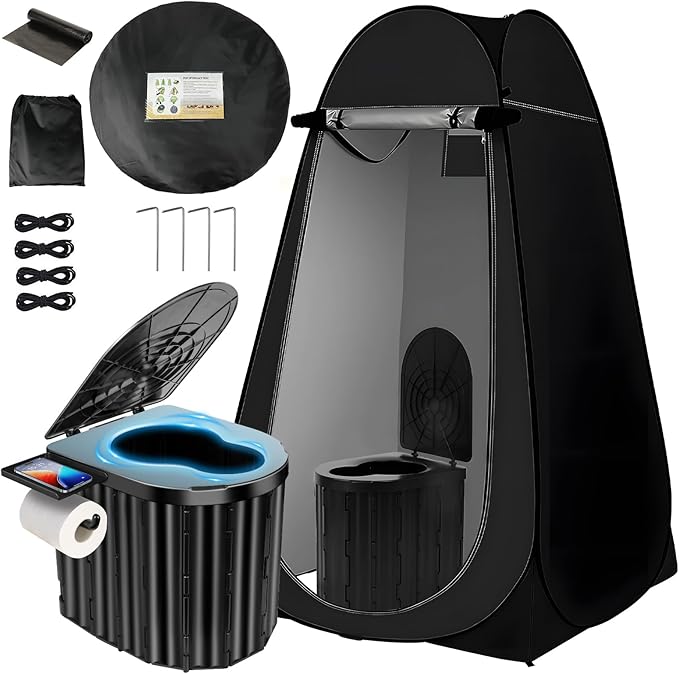 Camping Toilet with Pop Up Privacy TentPortable Outdoor Folding PottyShower Tent Dressing Room with Carry Bag for RV TravelTruckBeachFishing