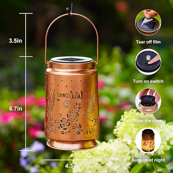 Solar Lanterns Outdoor Waterproof Hummingbird Butterfly Garden Decor Gifts for Women Mom Grandma Hanging Solar Lights Metal Solar Decoration Outside for Yard Patio Backyard Porch