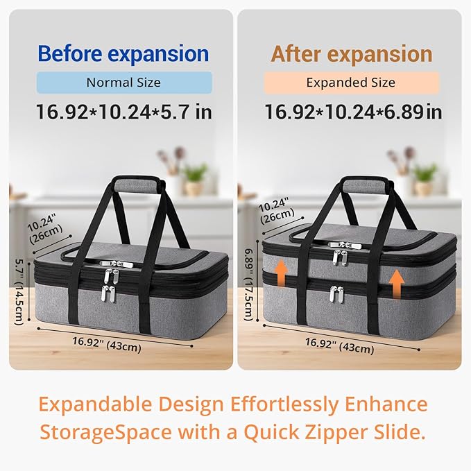 Double Insulated Casserole Carrier - Portable Casserole Carriers for Hot or Cold Food Lunch Tote Warmer or Cooler Bag for Potluck Parties Picnic Cookouts Fits 9 x 13 Baking Dish - Grey