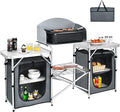 Giantex Camping Kitchen Station Folding Grill Table with 26'' Tabletop 2 Side Tables Storage Organizer Detachable Windscreen Portable Camp Cook Outdoor Prep Station Backyard BBQ Picnic (Grey)